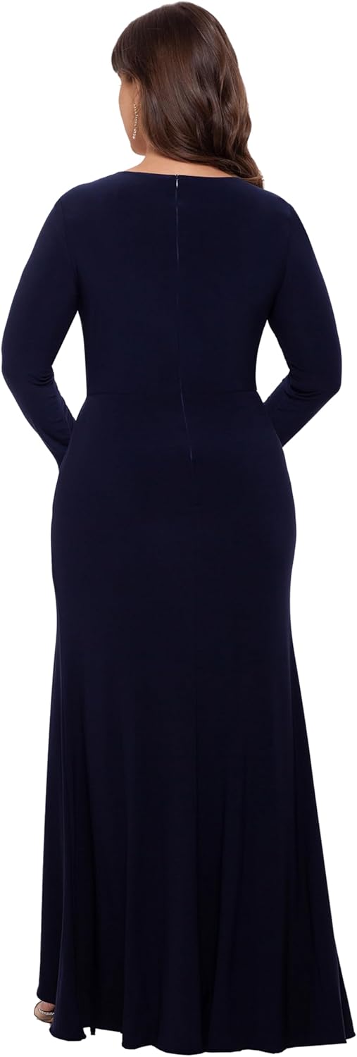 Betsy & Adam Women's Plus Size Long Sleeve Stretchy V-Neck Wrap Formal Dress w/Slit - Image 2