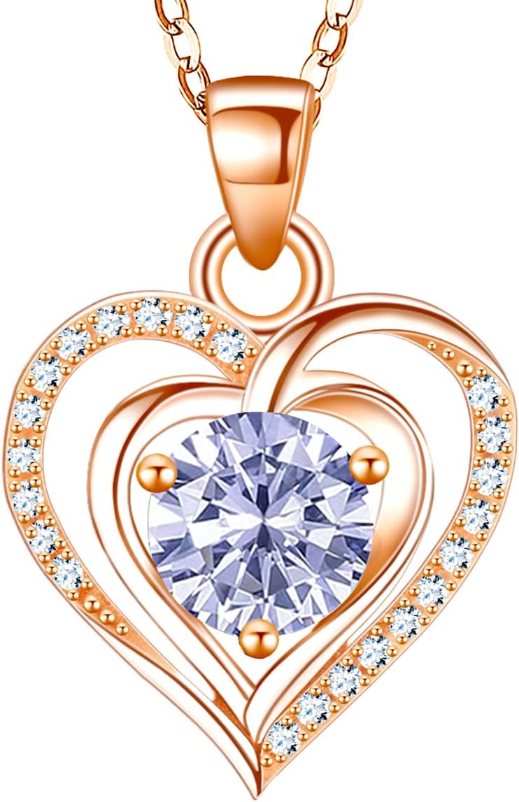 RIVIKO Heart Birthstone Pendant Necklace for Women 925 Sterling Silver Zirconia Necklaces Christmas Valentine’s Mothers Day Jewelry Gifts For Her Mother Wife