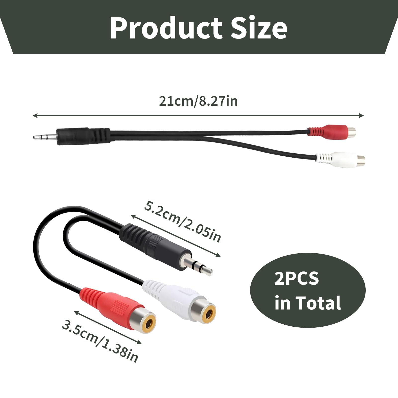 2 x adapter RCA Jack, męski kabel 3,5 mm RCA, adapter audio stereo, elastyczny kabel ze złotymi stykami, złącza metalowe, idealny do Hi-Fi, TV, smartfonów, systemów audio