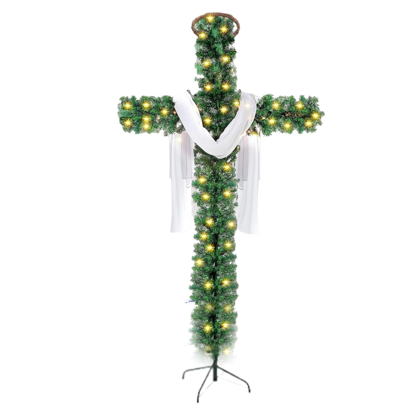 Árbol de Navidad Cruz Plegable - Árbol de Navidad Cruz Con Iluminación, 5 Pies De Pino Artificial Preiluminado, Árboles De Navidad Brillantes Con Bufanda De Seda