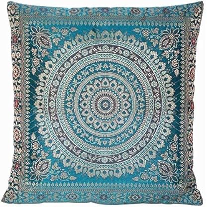 Ruwado Handgefertigt Türkis Dekokissen aus Indische Banarasi Seide - Handgewebt und handgenäht von Kunsthandwerkern aus Indien (40 x 40 cm | 16 x 16 Zoll, Türkis in Mandala Muster, 3X)