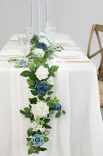 Miniatura 5 de PONATIA Guirnalda de flores artificiales de rosas hechas a mano de 5 pies, guirnalda de flores azul polvoriento y follaje para ceremonia de boda,