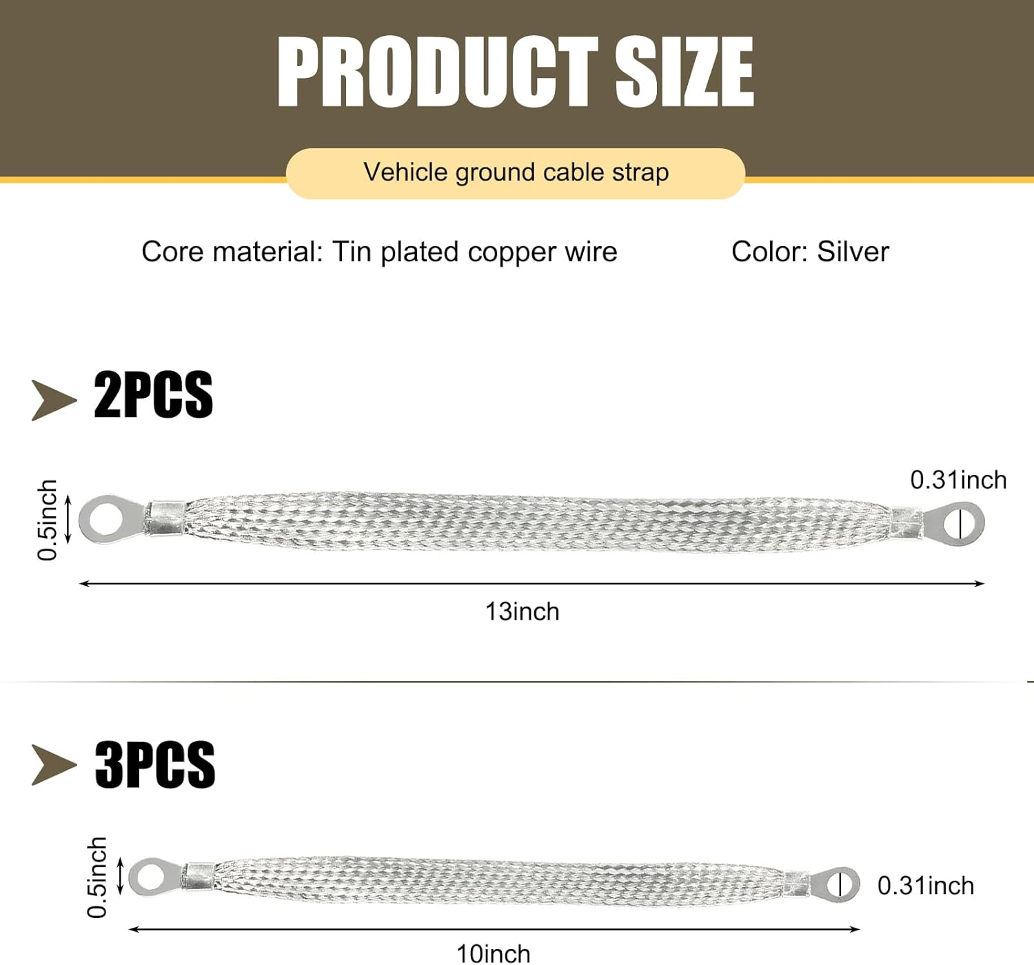 5 PCS Car 3 Pcs 10" + 2 Pcs 13" Engine Ground Strap Kit, Metal Flat Braided Tensile Resistant Ignition Coil Ground Strap, Repair Replacement Accessories, for Most Cars Trucks (Silver)