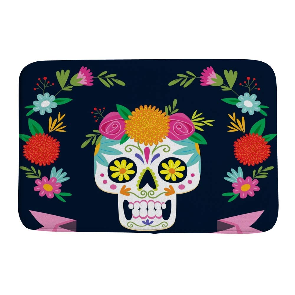 Tapis de bain mémoire de forme blanc et absorbant avec motif floral crâne en velours