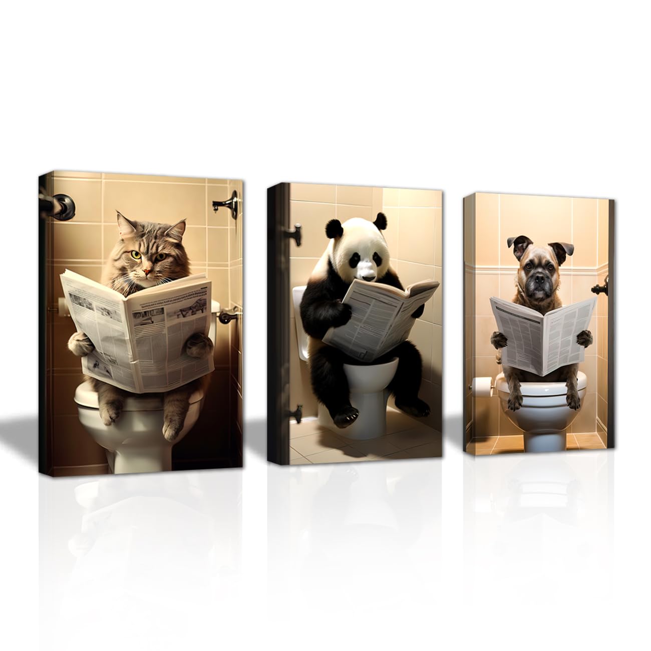 LZIMU Bathroom Wall Art 3 Piece Panda Dog Cat Sitting on Toilet Reading Newspaper Canvas Prints Funny Animals Bathroom Pictures Wall Decor Framed (Bathroom-2, 24"x36"x3PCS (60.00 x 90.00cms x 3PCS)) โ image 1