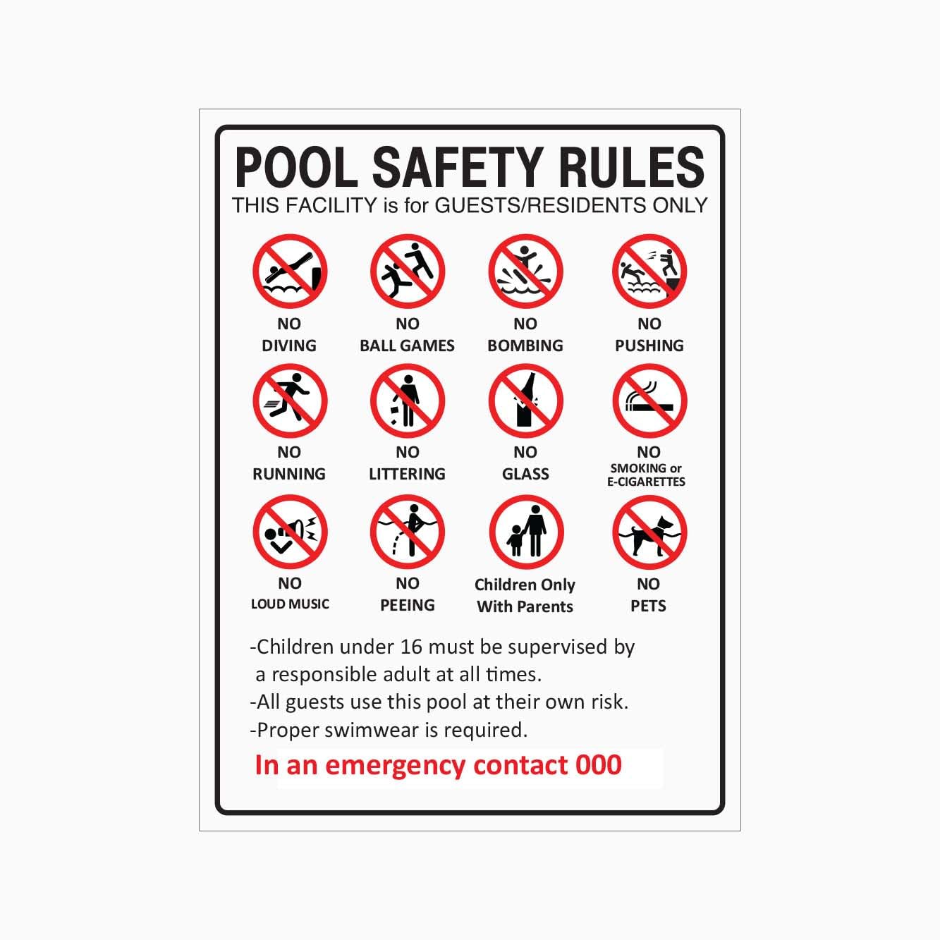 POOL SAFETY RULES FOR GUESTS AND RESIDENTS ONLY Sign, 12x8 Metal Tin Sign, regulation for community swimming pools.
