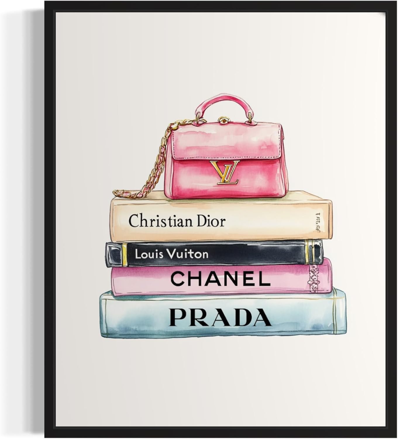 Bookstack Padded Pink Bag Wall Art Poster Art Print, Woman High Fashion Photography Glam Gift for Her, Girls, Fashionista, Photo Designer Fans Chic Decor for Home, Office, Bedroom 135 (Bookstack Padded Pink Bag, 10"L x 8"W, Unframed)