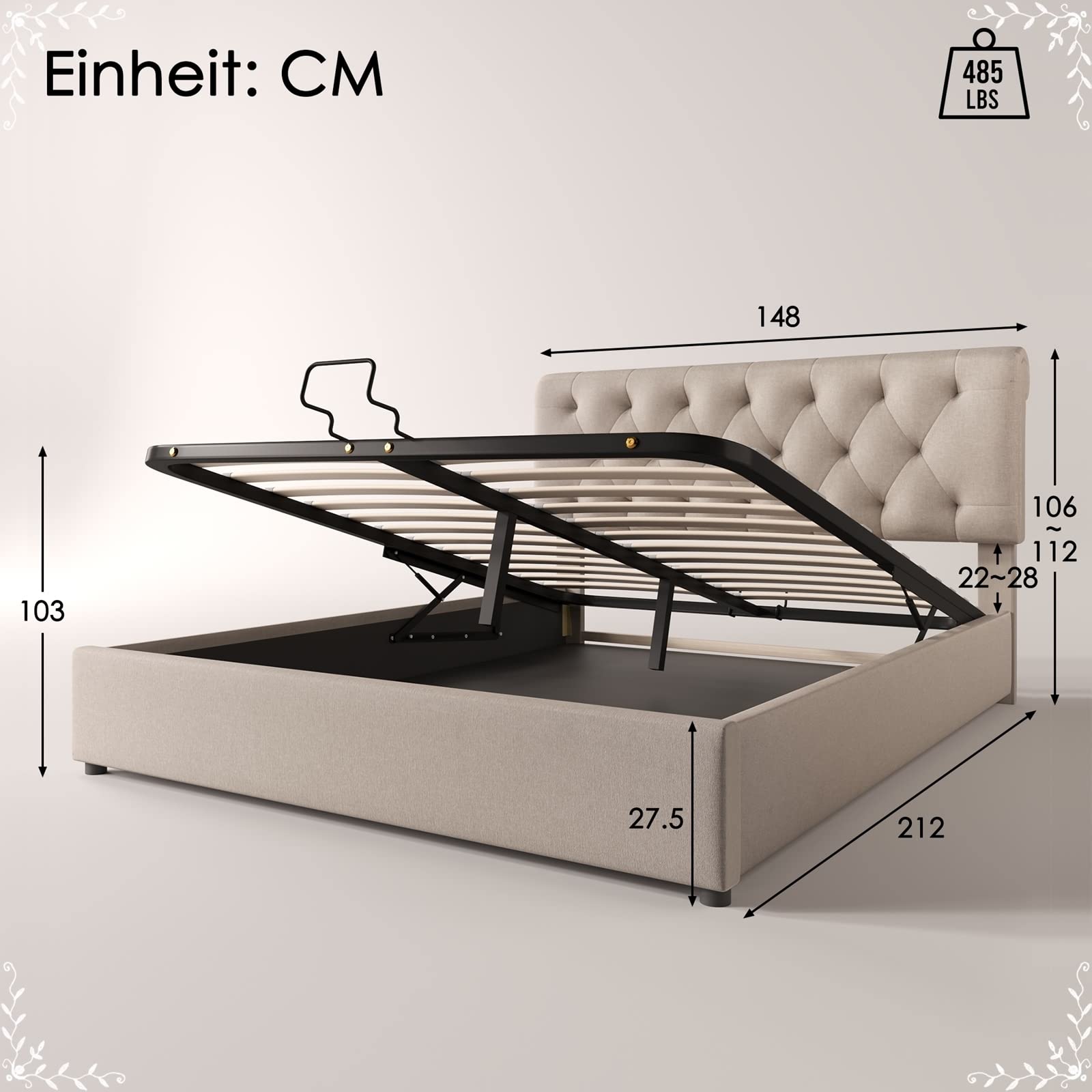 AMDXD Hydraulisch Polsterbett 140x200cm, Verstellbares Kopfteil Doppelbett, Bett mit Lattenrost aus Metallrahmen, Modernes Bettgestell mit Stauraum, Holzfarbe, ohne Matratze