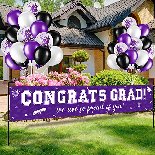 Image of 37Pcs Graduation Banner Balloon Decorations Class of 2026, Congrats Grad Banner Yard Outdoor Decorations, Graduation Balloons Banner Set for High School College Graduation Party Supplies, Purple