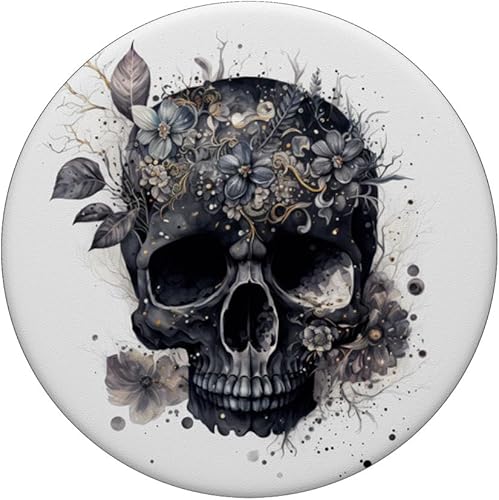 Miniatura 3 de Gráfico de calavera floral para mujer, cumpleaños, único, negro, calavera, PopSockets, PopGrip estándar