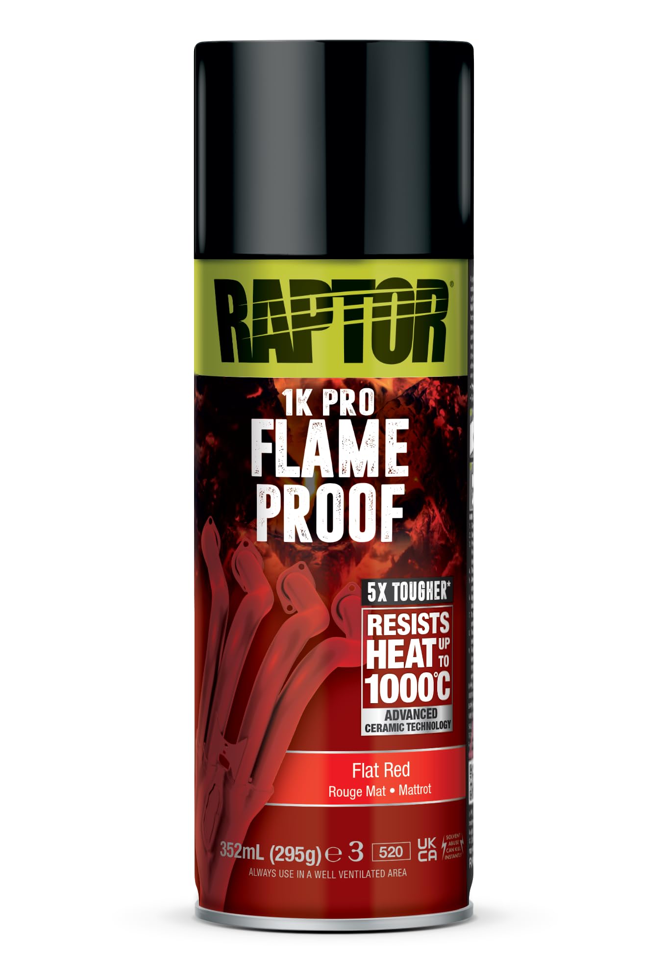 RAPTOR Flameproof | Feuerfest | hitzebeständig bis 1000°C | Thermo-Lack-Spray | Schutz für Auspuff, Motor & Auspuffkrümmer vor Rost | schnell trockenend (flat red/mattrot - 352ml)