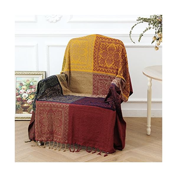 amorus Chenille Jacquard Tassels Throw Blanket Sofa Chair Cover Tablecloth - Colorful Tribal Pattern - Image 4