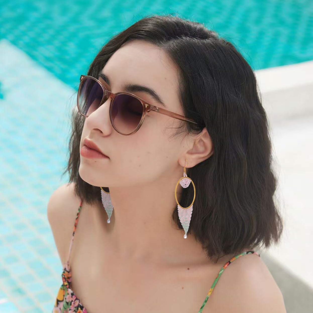 Handmade Mermaid Beaded Dangle Earrings, Statement Cat Eye Glass Seed Beads, Summer Beach Earrings for Women - Image 5