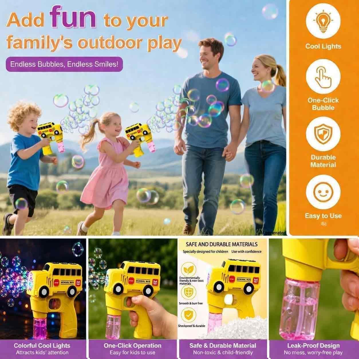 Bubble Gun for Kids Toddlers, School Bus Automatic Bubble Machine with LED Lights, 2 Bubble Solutions Included, Outdoor Toys for Boys Girls 3-8, Birthday Easter Christmas Party Gifts