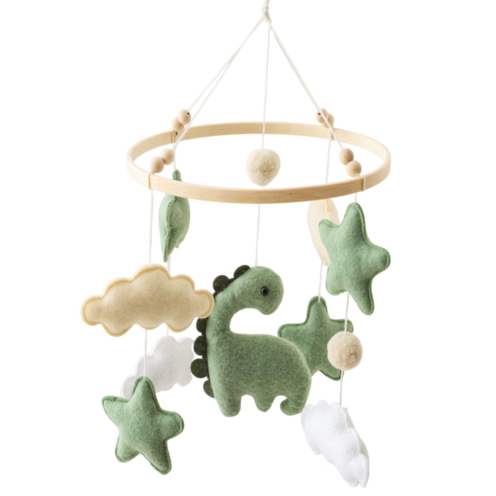 Neptuiby Baby Mobile for Crib, Dinosaur Nursery Mobile with Soft Felt Clouds & Natural Wood for Newborns Infant Sensory Development, Green Animal Themed Crib Hanger.