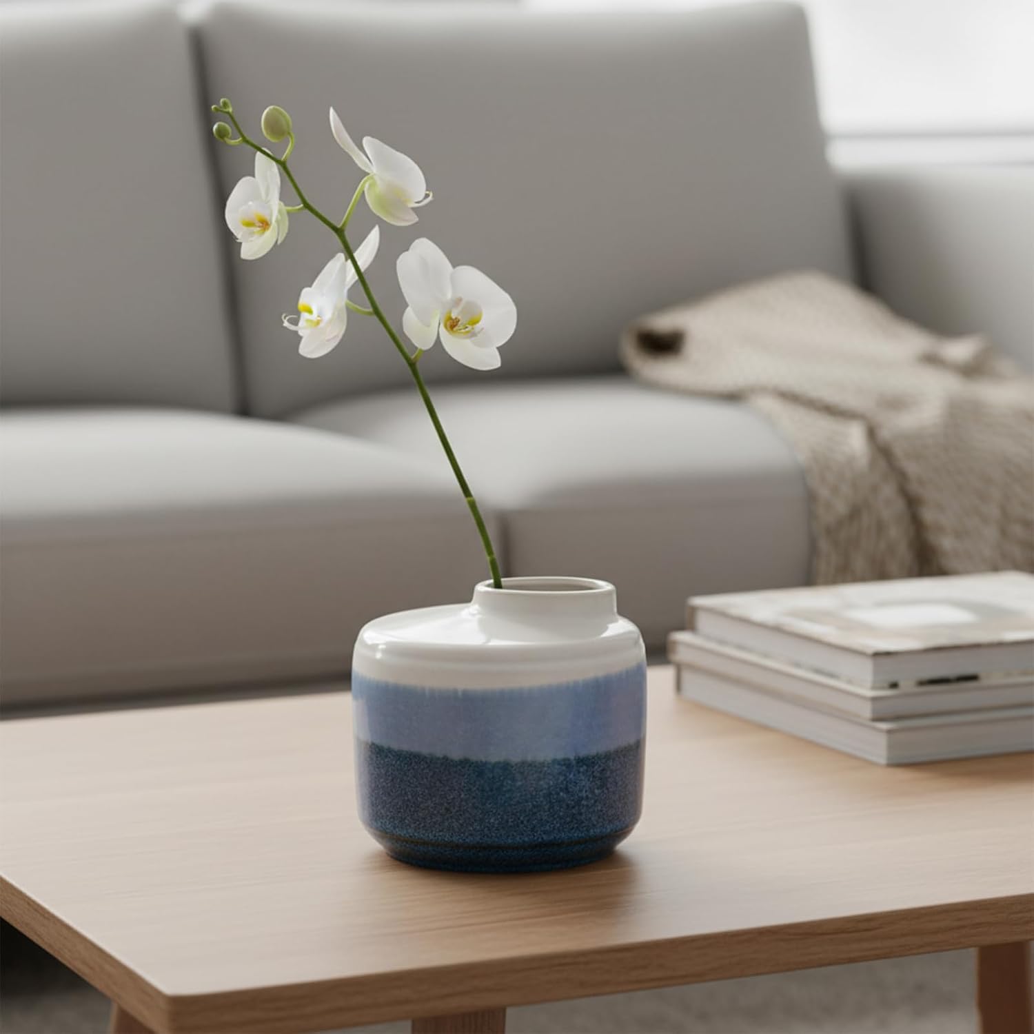 Blue and White Vase - 5 Inch Small Ceramic Vase with Slanted Mouth for Flowers & Pampas Grass - Rustic Pottery for Modern Farmhouse Home Decor, Shelf, Coffee Table Centerpiece
