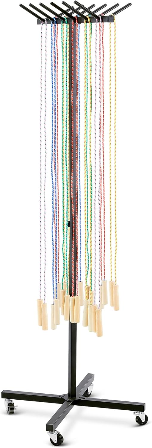 Jump Rope Cart with Wheels Jump Rope Tree Black Sports Equipment Cart Heavy Duty Metal Holder for Cord Wire Belt Hose Storage PE Gym School, Hold More Than 200 Cord, 23.6 x 19.7 x 65 Inch