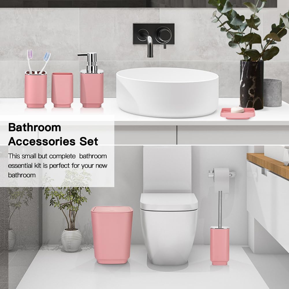 JOTOM Set di 6 accessori da bagno in plastica di lusso con pattumiera, scopino per WC, porta spazzolino, bicchiere, portasapone e dispenser di sapone (rosa)