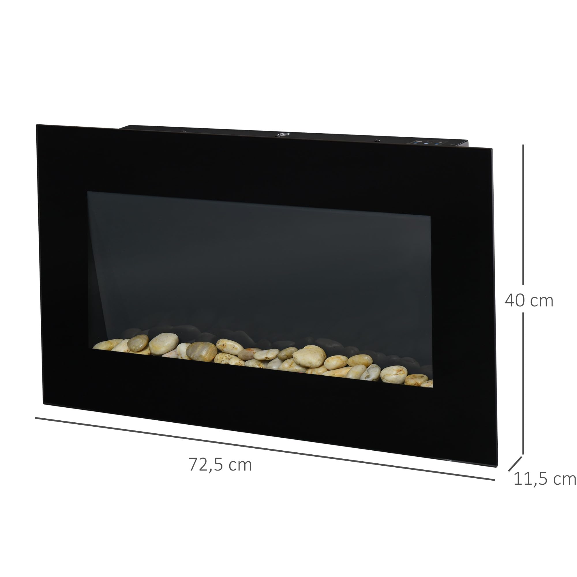 HOMCOM Camino elettrico da parete 1000/2000 W, camino decorativo con effetto fiamma LED 7 colori regolabili, temperatura 15-30 ℃, telecomando, timer e protezione contro il surriscaldamento, nero