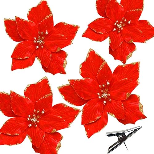 12 flores de Pascua artificiales de Navidad, flor de pascua roja con clip, adornos de árbol de Navidad, purpurina roja