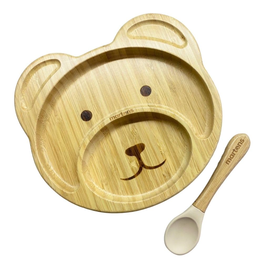 Martons Bambus Bär Teller mit Saugnapf, Rutschfestem mit passendem Baby Löffel, Geschirr Set mit schöne Geschenkbox, universal Beige farbe