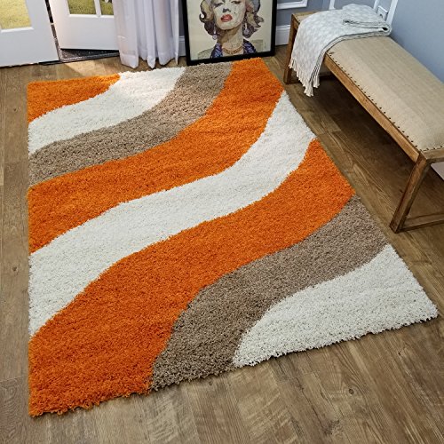 Shag Area Rug 5x7 | Wave Curve Orange Beige Ivory Shag Rugs for Living Room Bedroom Nursery Kids College Dorm Carpet by European Made MH10 Maxy Home - Thumbnail 3