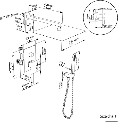 Miniatura 7 de Sistema de ducha montado en la pared de 10 pulgadas para baño, juego combinado de ducha de lluvia con rociador de mano, cabezal de ducha de lujo con