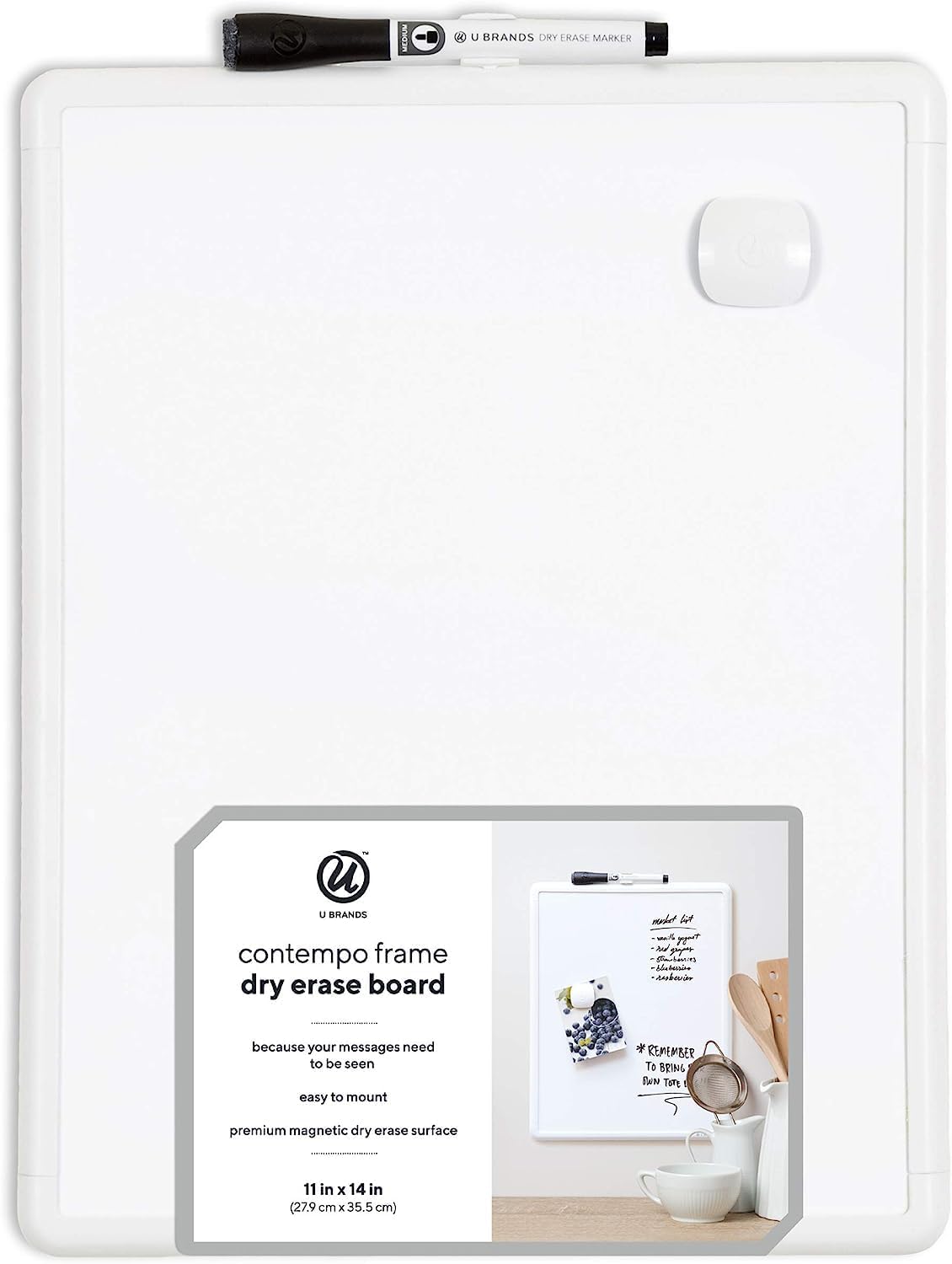 U Brands Contempo Magnetic Dry Erase Board, 11 x 14 Inches, White Frame, Eraser and 6ct Marker Included