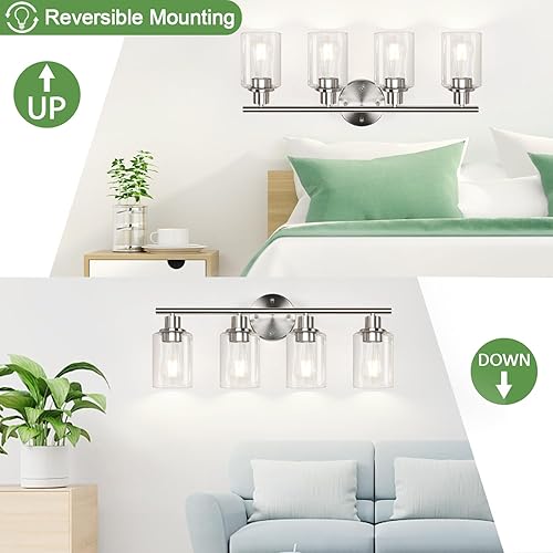 Miniatura 4 de Lámparas de baño de 4 luces, níquel cepillado, modernas luces de tocador sobre espejo con pantalla de vidrio transparente, lámpara de pared de baño