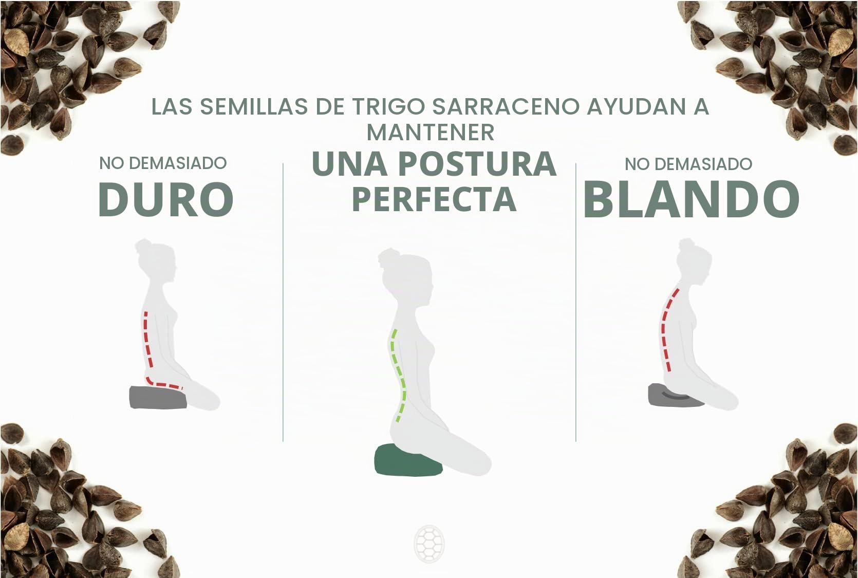 TORTUGA Meditation&Yoga - Cojín Zafu Relleno de Trigo sarraceno sostenible - Diseño Media Luna -Altura 15cm- Funda algodón 100% Natural fácil Lavado -Meditación/Yoga