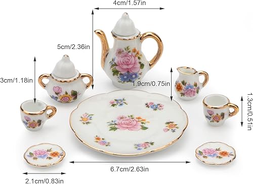 Miniatura 3 de Juego de tazas de té de casa de muñecas a escala 16 accesorios de casa de muñecas 8 piezas patrón de flores juegos de platos de tetera casa de