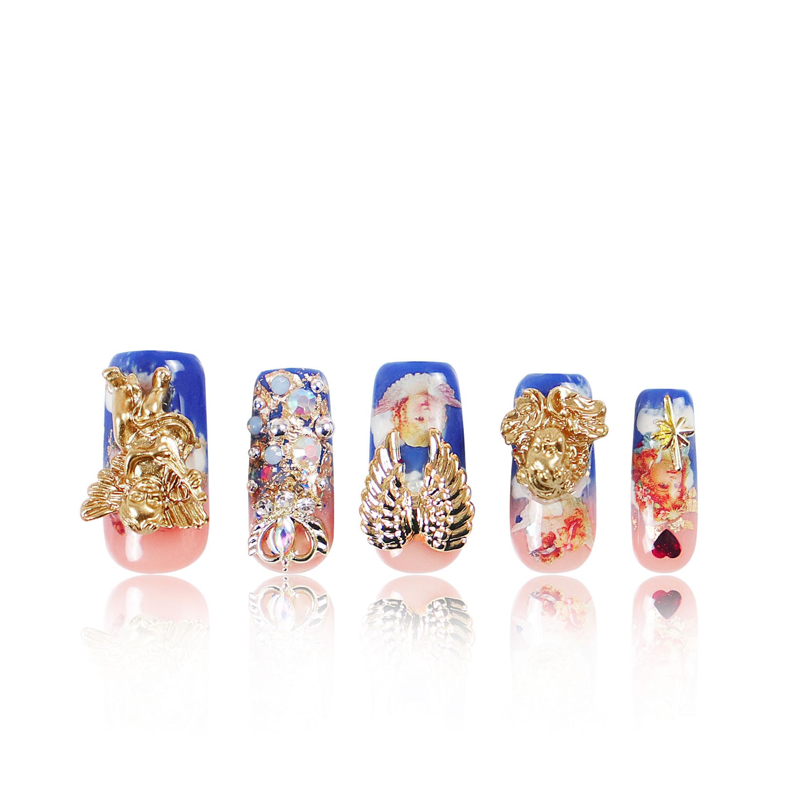 LOVFUL Press on Nails The Palace of Murals Blue French Tip| Handmade with Full Covered Crystals | Reusable Fake Nails | Square Regular 1.0 in | H174S