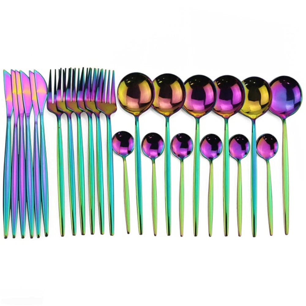Ensembles de Couverts,24 pièces Ensemble de couverts en acier inoxydable Ensembles de vaisselle de polissage de miroir Utilisation polyvalente pour la maison et la cuisine-arc-en-ciel