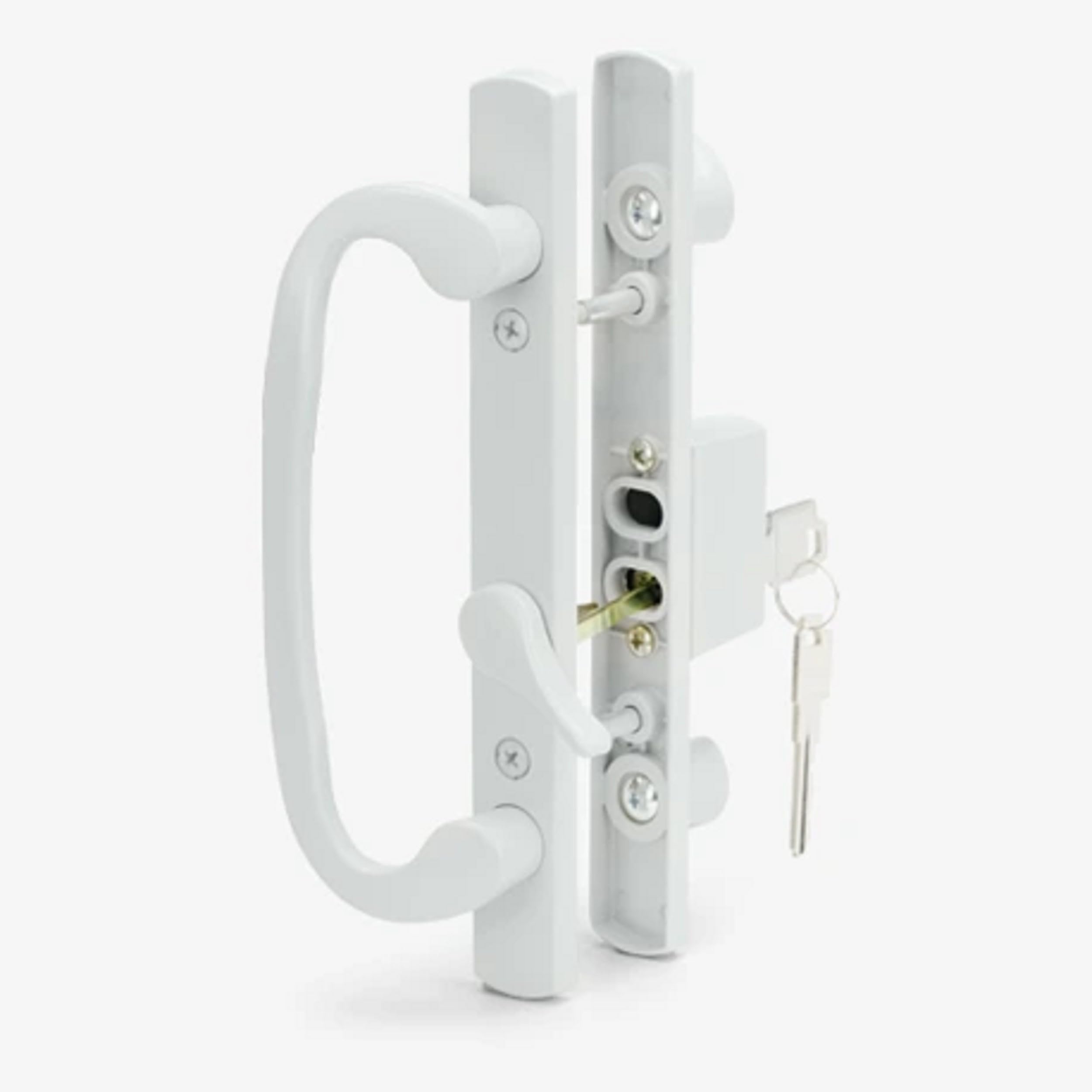 8.5" Legacy Sliding Patio Glass Door Offset Latch White Handle Set with Keys - Sash Controls 2265 Keyed Lock - Fits 3-15/16" Screw Hole Spacing and 1-1/4" to 2-1/4" Door Thickness