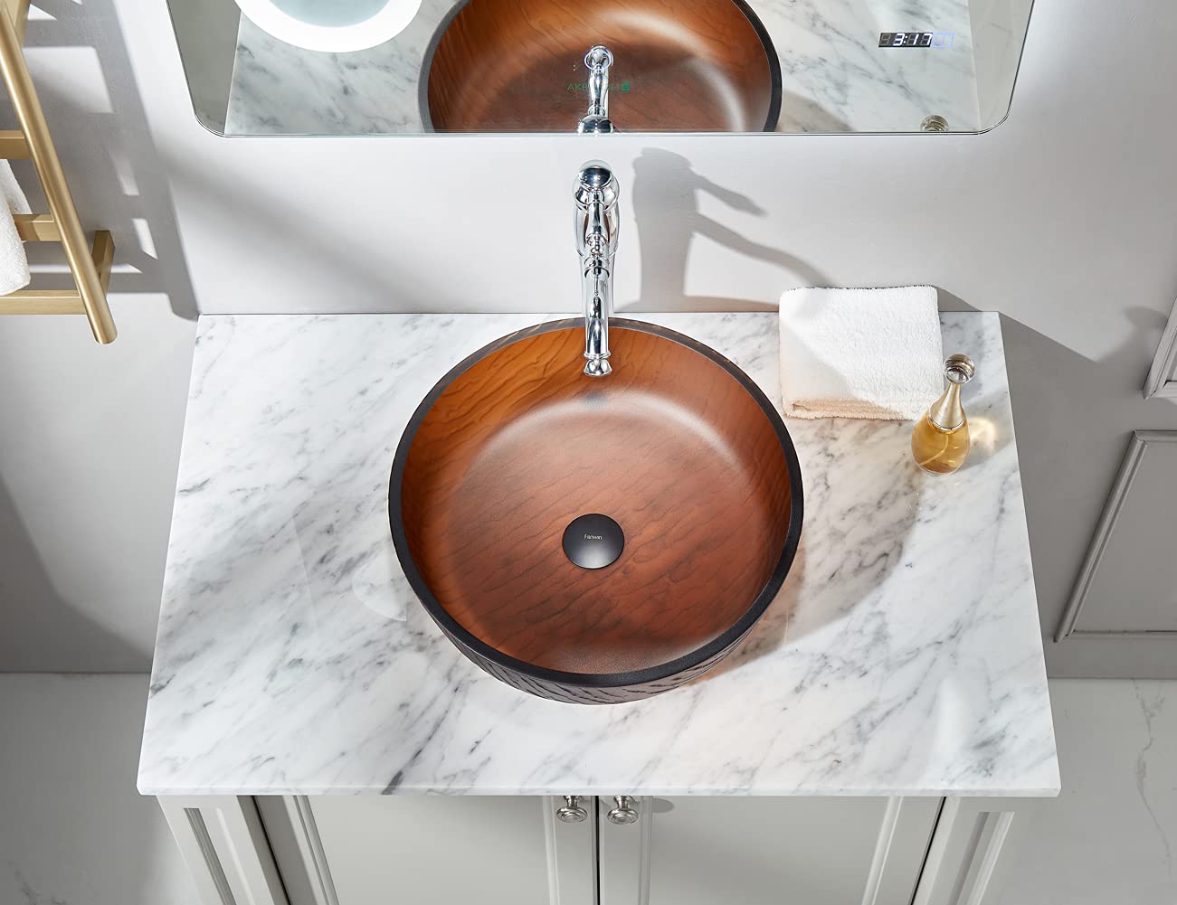 Littel Rock Series - Fregadero de vidrio templado Deco para baño en té mate | Fregaderos de montaje superior sobre encimera de tocador | Fregadero con drenaje desplegable | FW-LA639 2