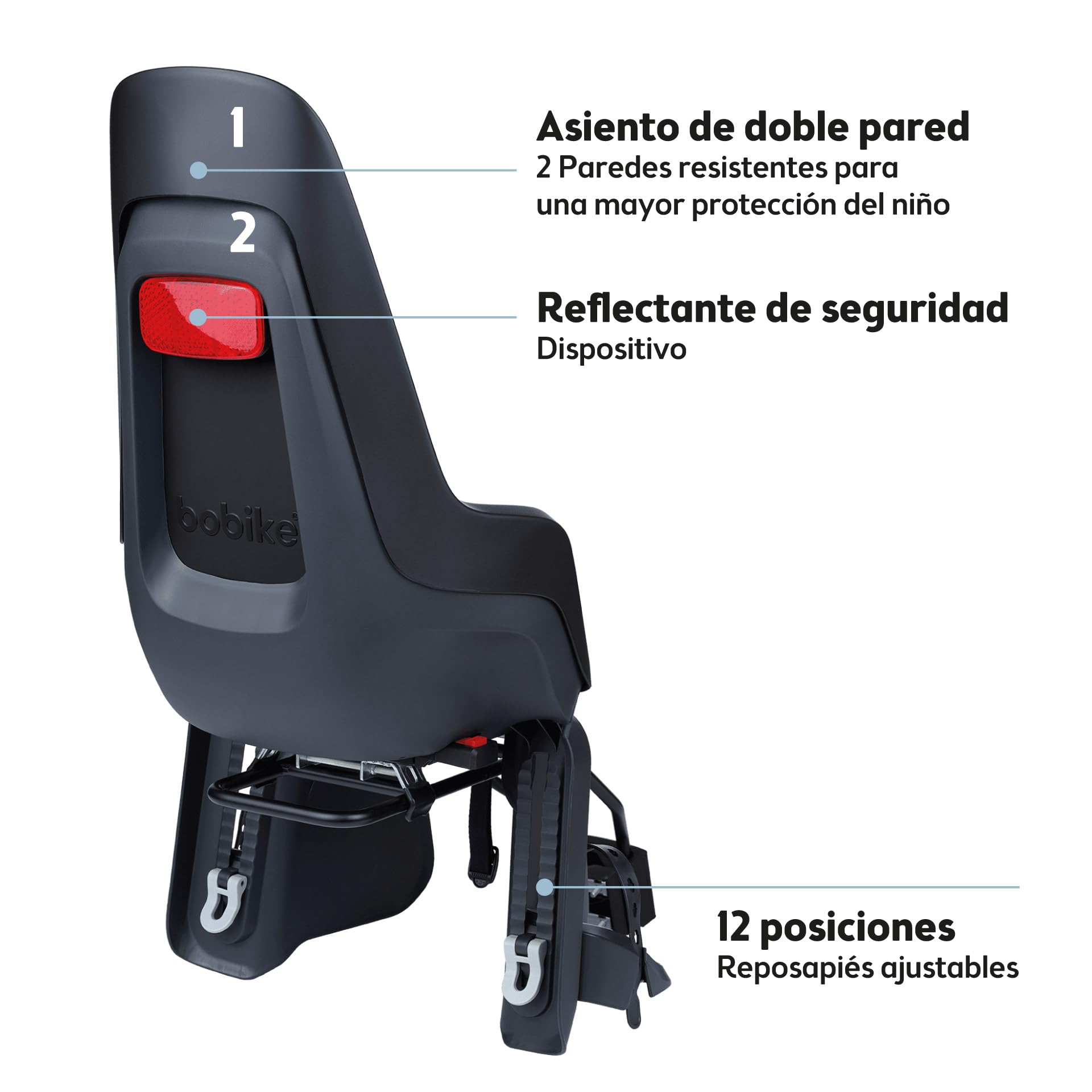 BOBIKE 8012200017 - Silla Bicicleta Trasera One Maxi 1P&E-BD para Portaequipajes y Cuadro – Versátil con Opciones de Montaje Dual, para niños de 9 Meses a 6 años, hasta 22 kg, Negro Urbano