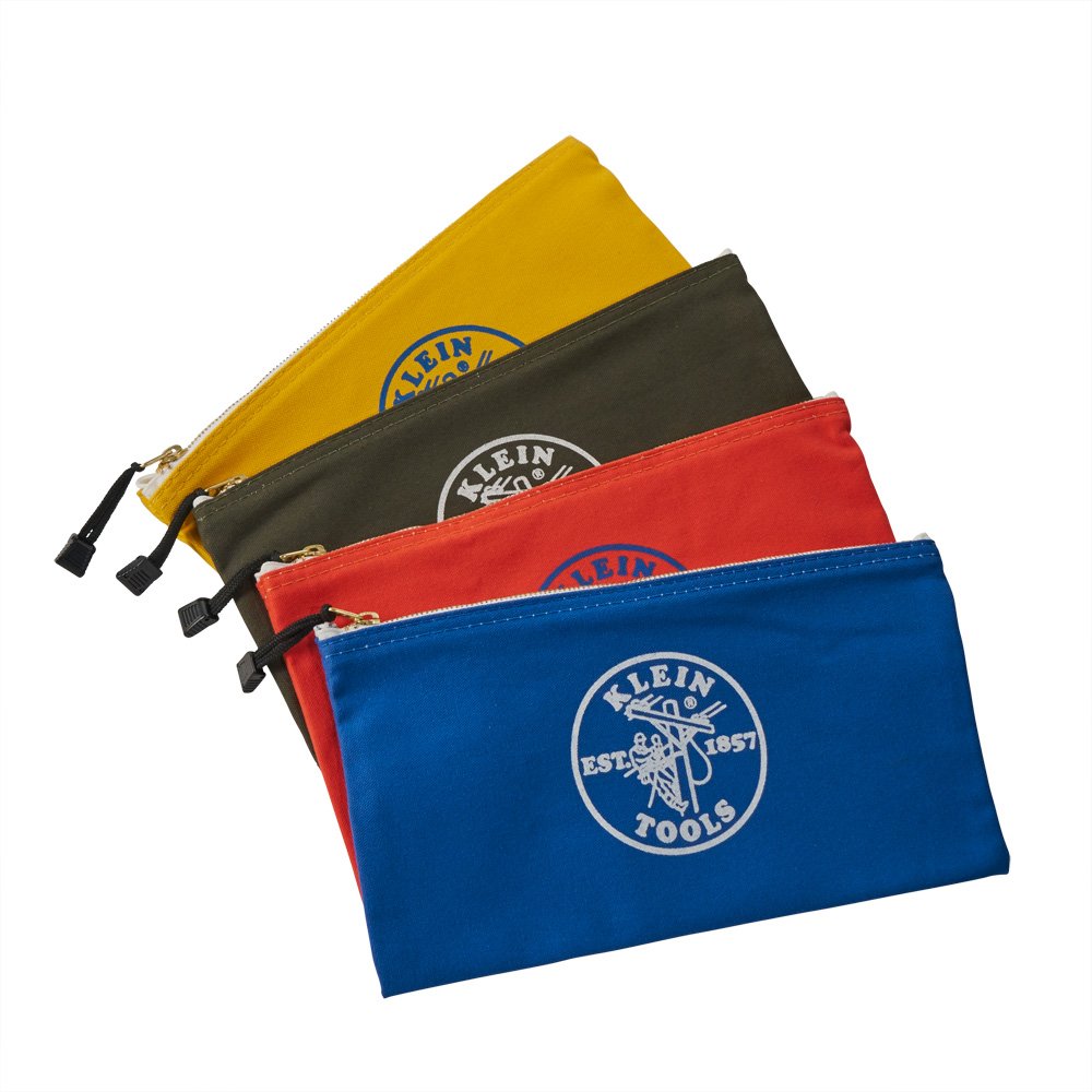 Klein Tools 5140 | Juego 4 bolsas lona No. 10 con cremallera | Colores surtidos | Cremalleras latón robustas | 31,8 × 17,8 × 1,8 cm | Para herramientas y accesorios