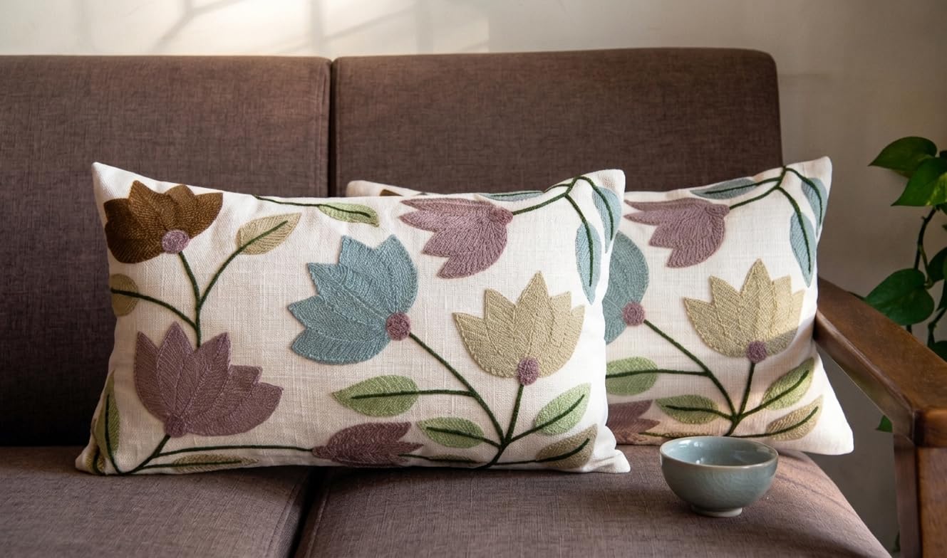Floral Embroidered Lumbar Cushion Covers, Cream, Rectangular in 12 x 20 inch Size, 30 x 50 cm, for Living Room Sofa, Chairs, Bed, Set of 2-image-8