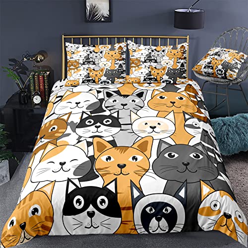 Cartoon Cat Bedding Set For Girls Boys Cat Duvet Cover Cute Kawaii Cat Comforter Cover Teens Room Decor 3 Piece Queen Size Bed Set-Includes 1 Duvet Cove & 2 Pillowcases​(No Comforter) ​ #TOP3