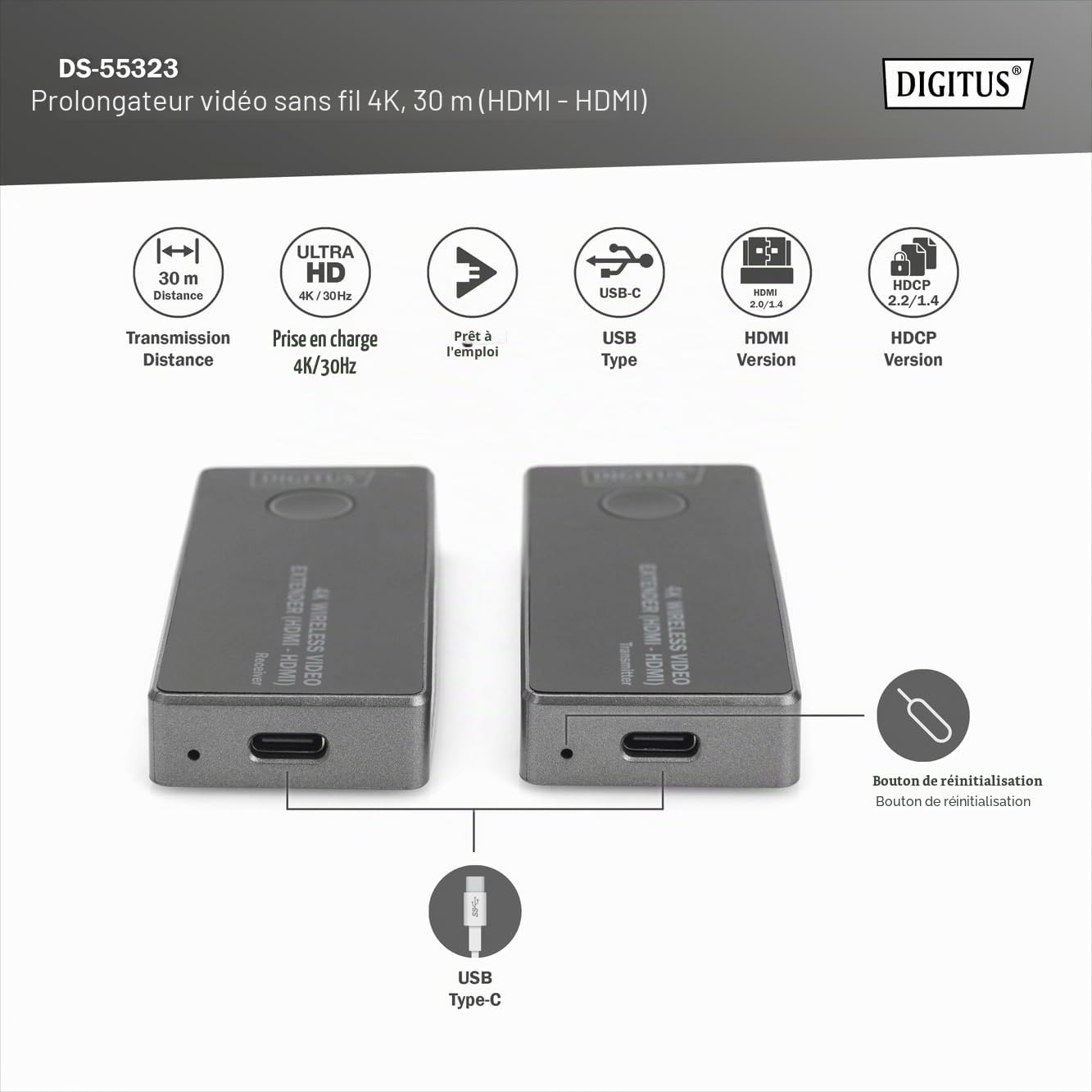 DIGITUS DS-55323 Extender HDMI sans Fil - UHD 4K 30 Hz - Portée de 30 m - Ensemble émetteur et récepteur - HDMI 2.0, HDCP 2.2 - Bi-Bande 2,4 Ghz 5 GHz - sans Application - Gris