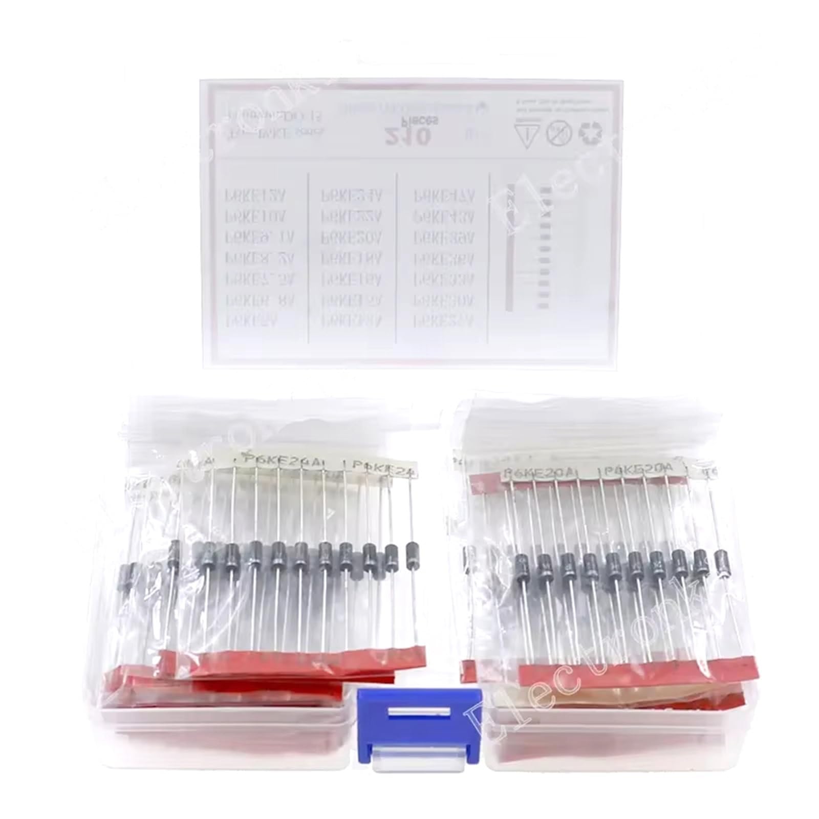 210-teiliges 21-Wert-Ein-Zwei-Wege-TVS-Diode-Sortiment-Set P6ke6.8A 8.2A 9.1A 10A 12A 13A 15A 16A 20A 22A 24A 27A 30A 33A 36A 39A 43A 47CA(P6KE-A)