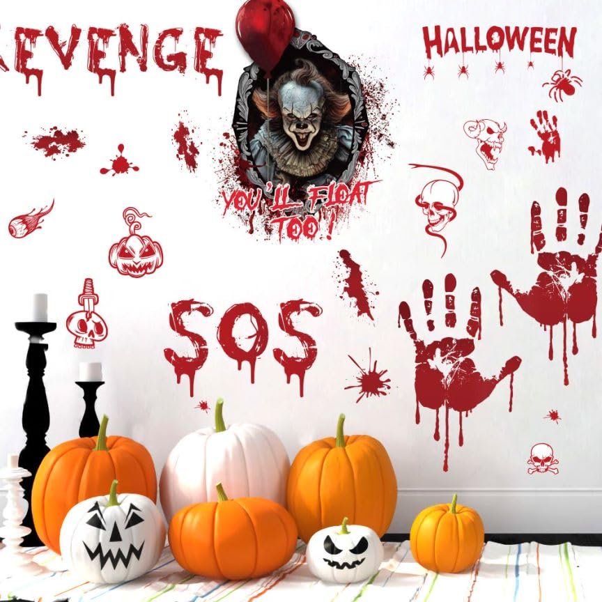 48Pcs Halloween Decorations: 4 Sheet Bloody Handprint & Footprint Stickers, Scary Window & Floor Clings with Tattoo Stickers