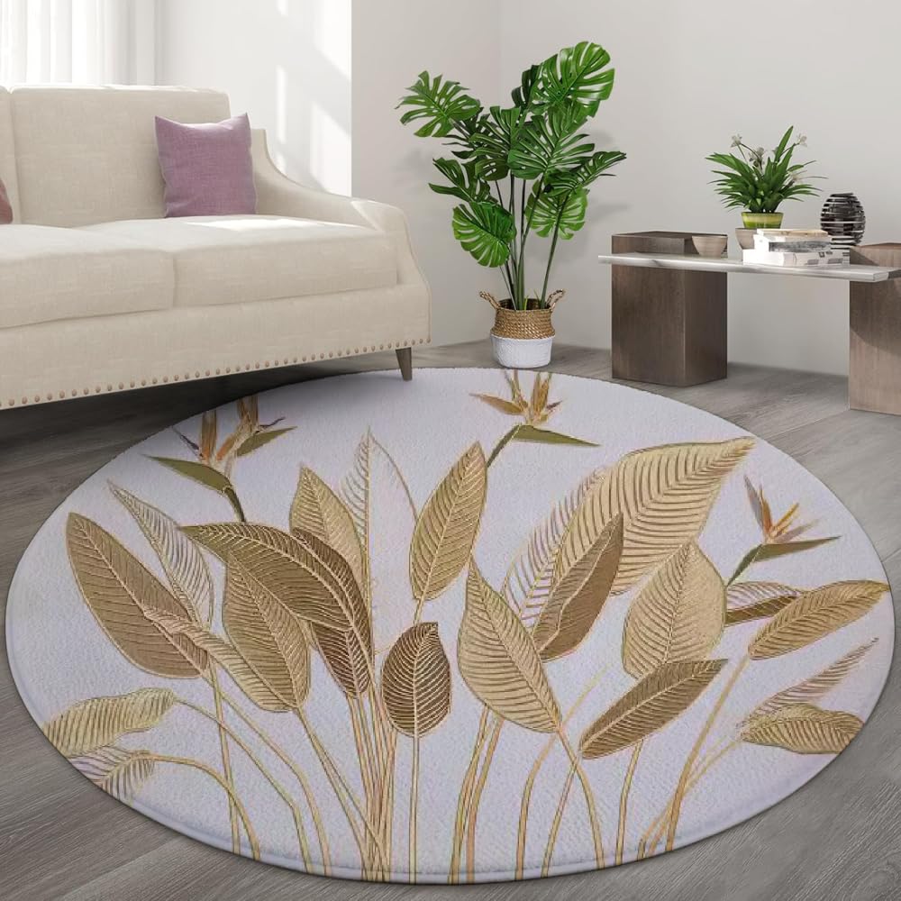 Tapis de salon imprimé 3D relief premium style tropical chic et détails dorés