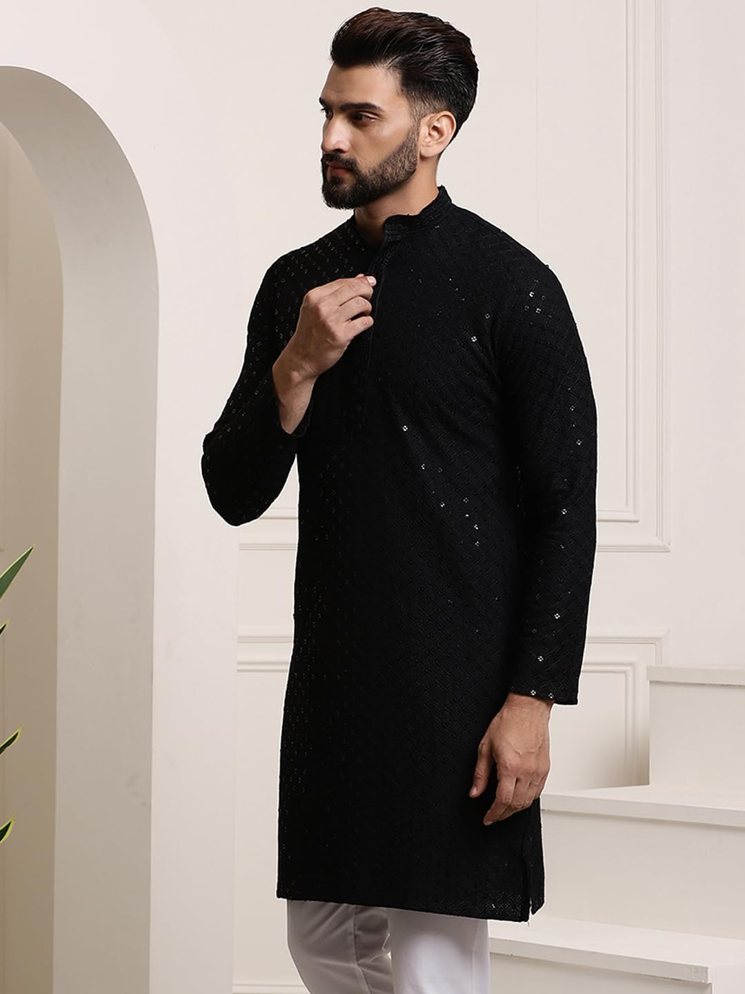 Sojanya (Since 1958 Men's Pure Cotton Black Sequence Long Kurta