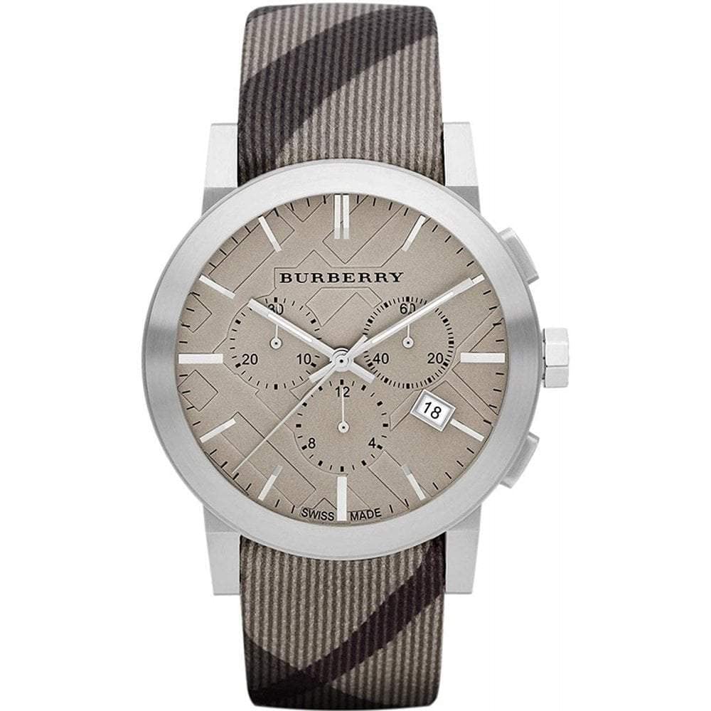 BurberrySALE! Authentic Burberry The City LUXURY Unisex Mens Womens Chronograph Watch Smoke Check Fabric Backed Leather Band Tan Engraved Date Dial BU9358