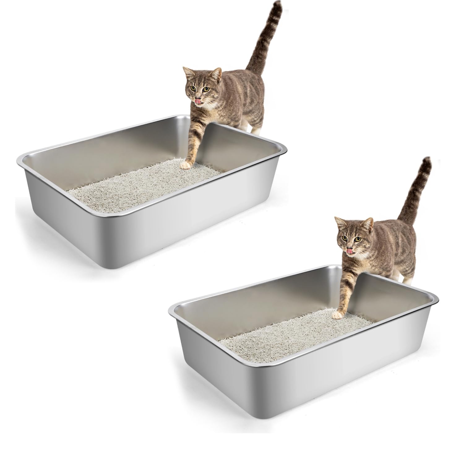 Nobleza Arenero Gato Acero Inoxidable Grande (Paquete de 2), 60x40x15cm Cajas de Arena para Gatos de Borde Alto, Arenero Gatos Que No Absorbe Olores, Adecuado para Gatos Grandes y Gatitos Múltiples