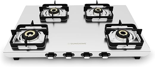 Sunshine Curvv 4 Burner | High Premium Stainless Steel Gas Stove | 3D Brass Burner | 10 Year Warranty On Valve By Sunshine | Manual Ignition | LPG…