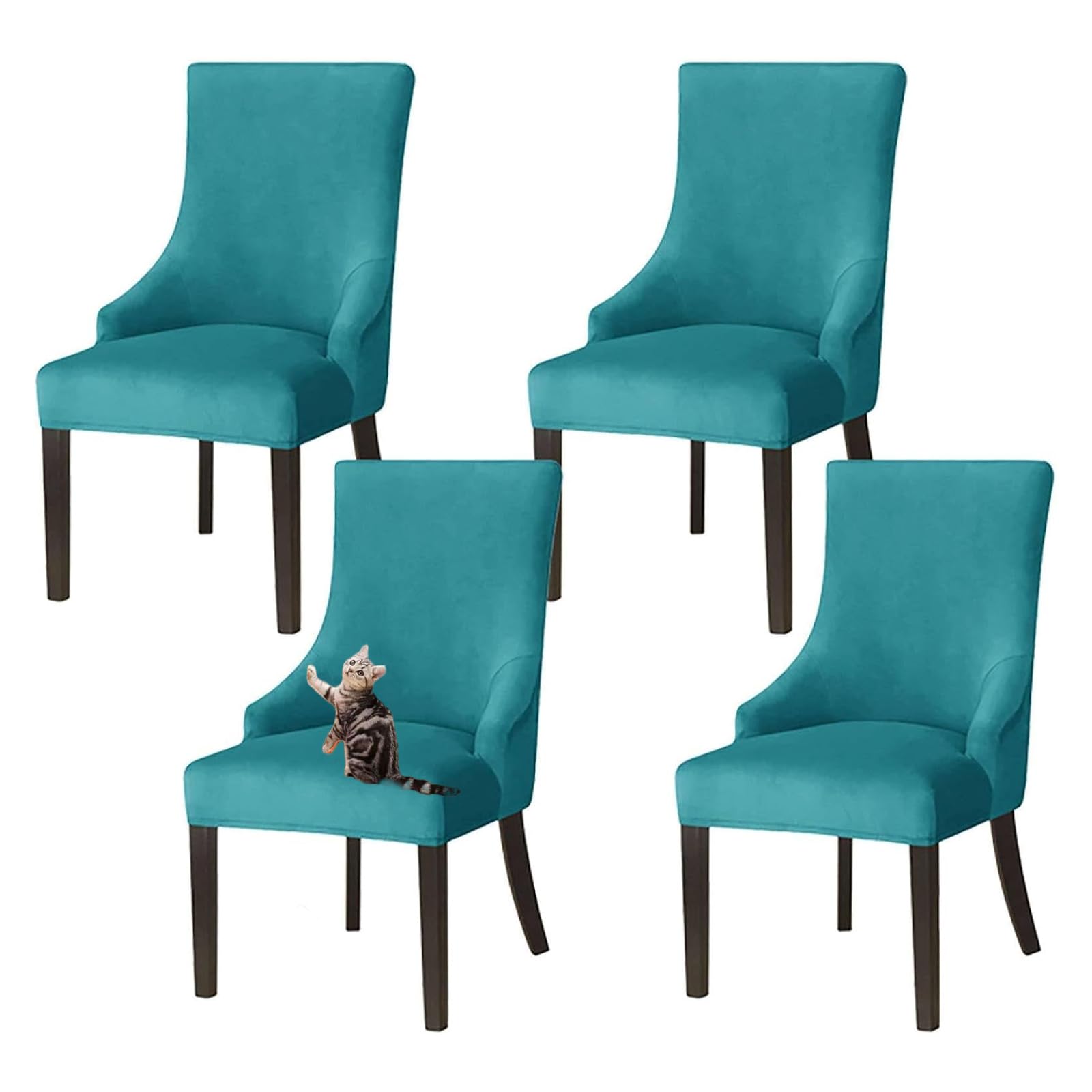 GUYIRT Velvet Wingback Dining Chair Covers, Stretch Wingback Side Chair Slipcover Washable Sloping Armchair Cover for Kitchen Banquet (blue,set of 4)