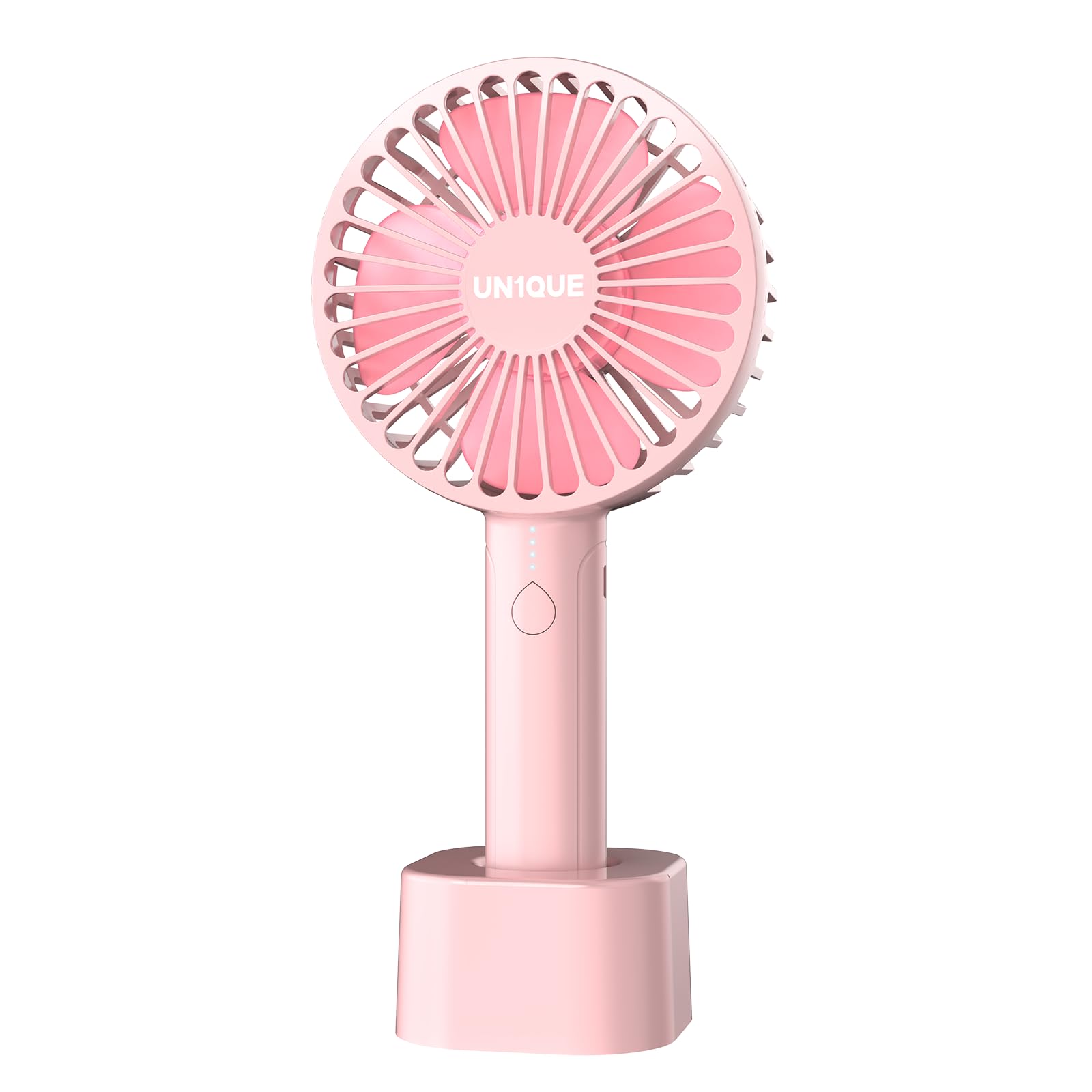 UN1QUE Mini Portable Hand Fan - Powerful Brushless Motor Small Fan, 3-Speeds, USB Rechargeable Fan with Base for Travel, Office, Kitchen, Face Makeup and Outdoor Use - for Women and Men (Pink, X3 Pro)