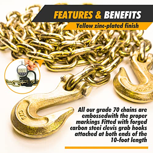 Digank Transport Chains Grade 70 Chain 3/8'' x 10 Foot with Clevis Grab Hooks 6,600 Pound Safe Working Load Binder Chain (1Pack)